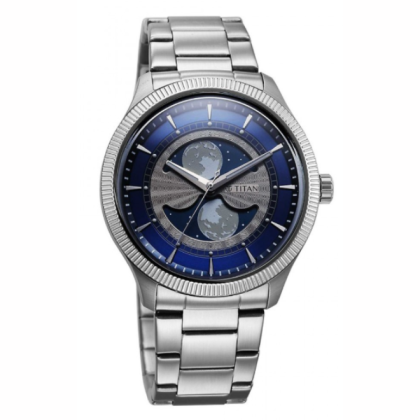 Titan Stellar 10050SM01 Dual Moon Phase Blue Dial Stainless Steel Strap Quartz Analog Men Watch
